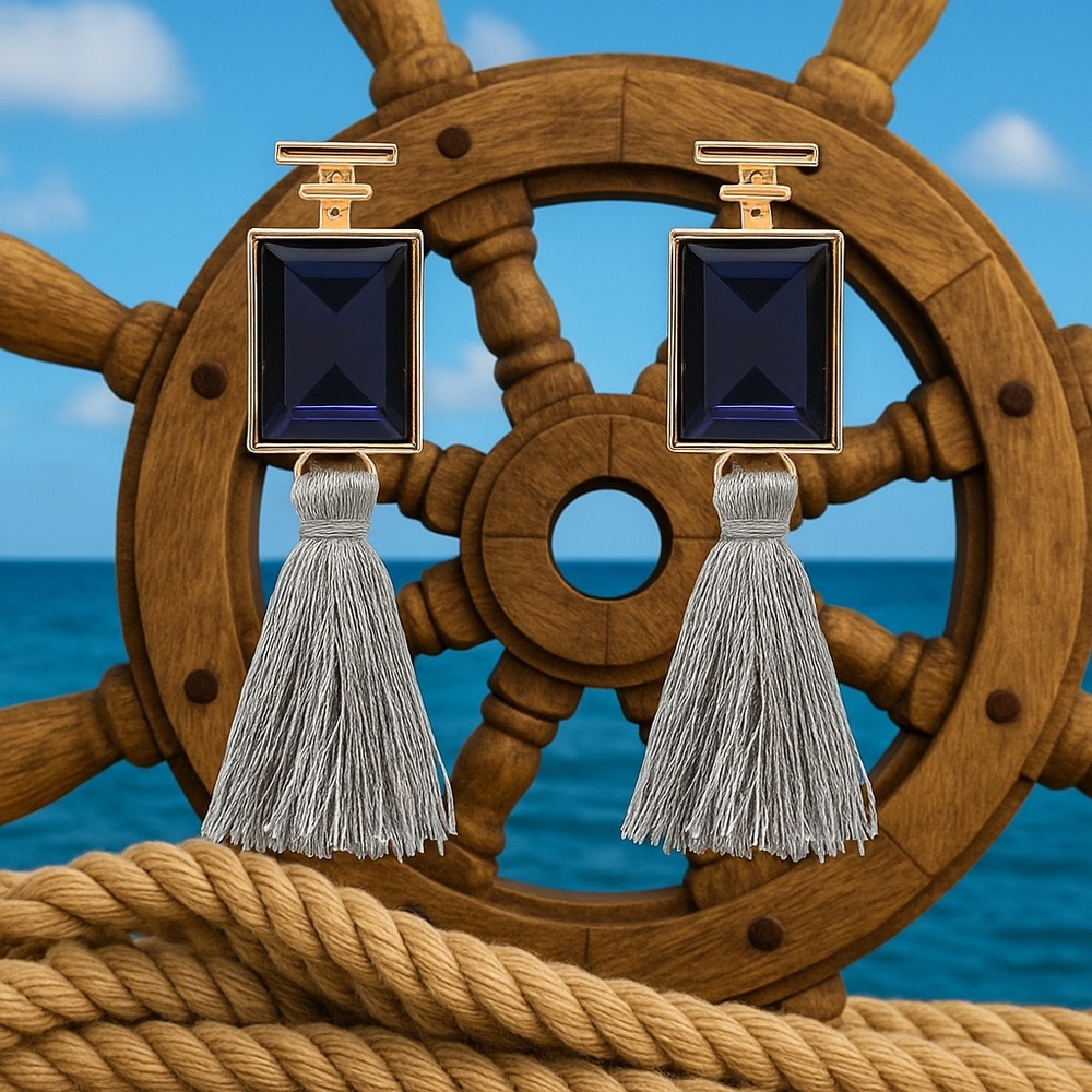 Blue Gray Square Crystal Boho Tassle Earrings